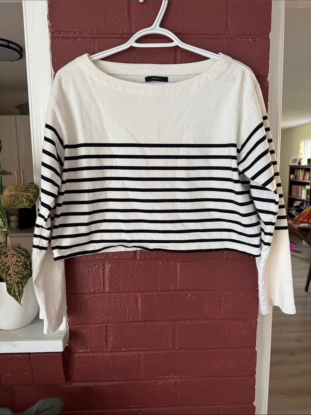 J. Crew White Long-Sleeve Boatneck Cropped Top with Black Stripes S